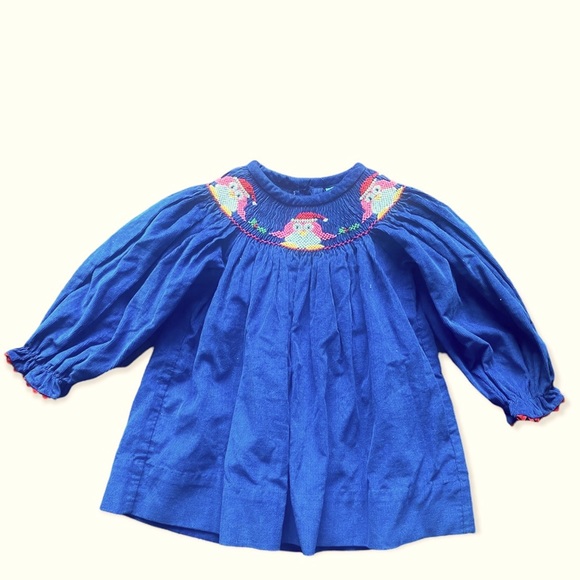 Blue Soft Corduroy Christmas Holly Penguin Santa Smock Dress 9 Month - Picture 6 of 11